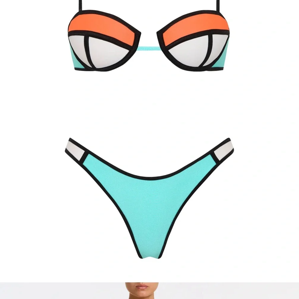NWT triangl swimwear Mint, Coral & White Colorblock Neoprene Bikini